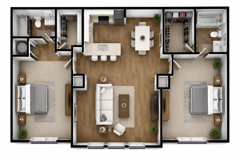 Floor plan for 2 beds, 2 baths, 1000 sqft